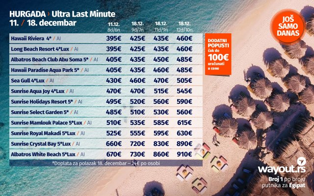 Wayout: Hurgada i Dubai - decembar, doček 2022, Božić i raspust - last minute od  -100 evra